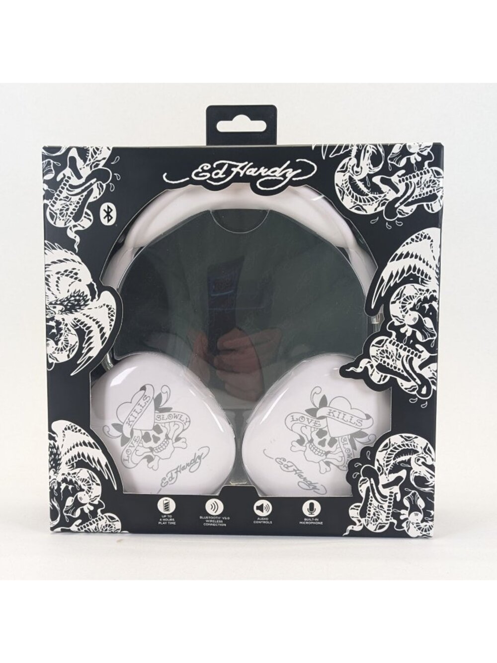 Ed Hardy Wireless Headphones White Black Love Kills Slowly Tattoo Bluetooth NEW